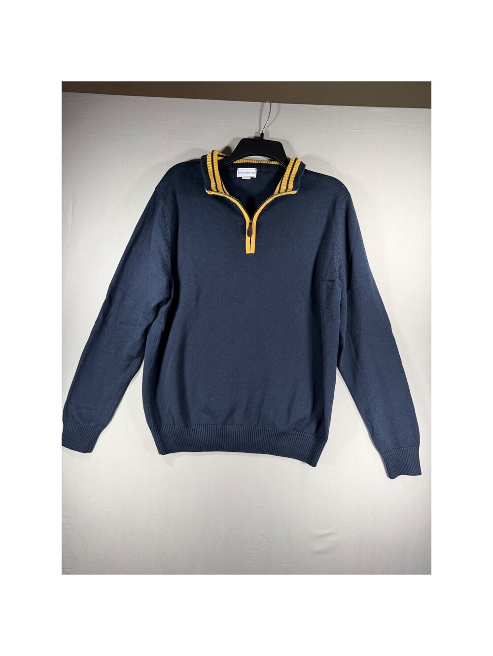 Maus & Hoffman Mens Navy Blue 100% Pima Cotton Quarter Zip Sweater Yellow Trim M